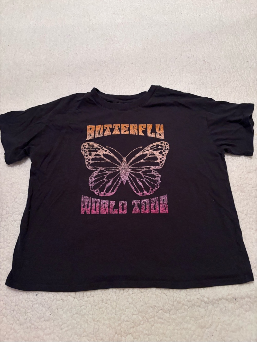 SO Black Tee with Orange-to-Pink Glitter Butterfly